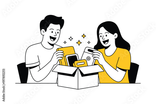 A happy couple excitedly opening a box with new electronic devices inside together