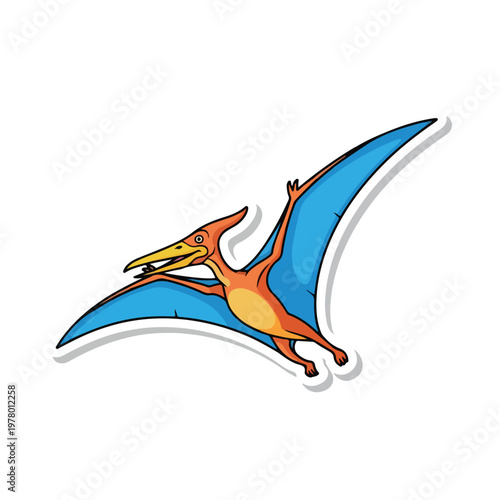 Cartoon Pterodactyl Dinosaur Sticker Flying in the Sky.