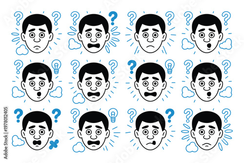 A cartoon illustration of a man's various confused and surprised facial expressions with question marks