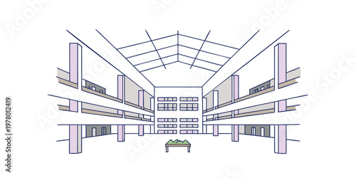 A detailed architectural sketch of a large modern library interior showcasing tall bookshelves and an open spacious reading study area