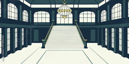 Elegant grand staircase inside a luxury building featuring architectural marble steps and a glowing chandelier hanging from a tall ceiling