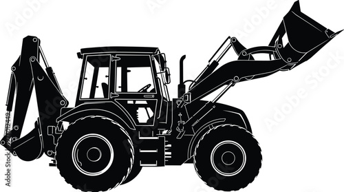 Backhoe loader silhouette vector, heavy construction machinery illustration, industrial excavator tractor with bucket, engineering equipment for road building work