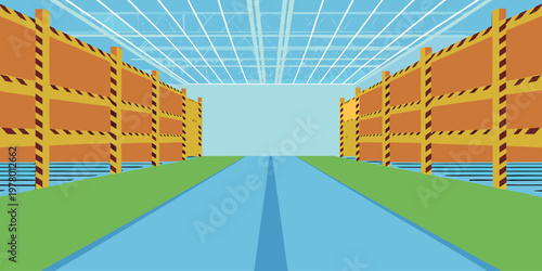 Empty warehouse interior graphic with long aisles and tall wooden shelving units ready for inventory and logistical operations.