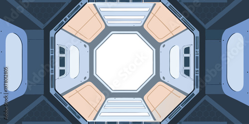 Futuristic spaceship corridor featuring geometric metal panels and a glowing white light portal located at the end of the passage