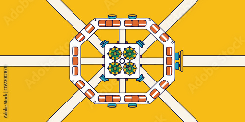 Top down view of a symmetrical octagonal courtyard structure surrounded by a bright yellow garden and white stone pathways