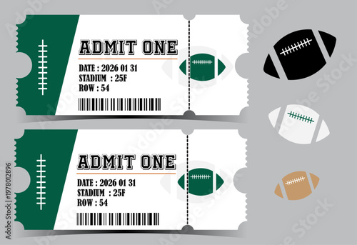 American football tickets, sports event tickets, admit one stubs, green and white, vector icons