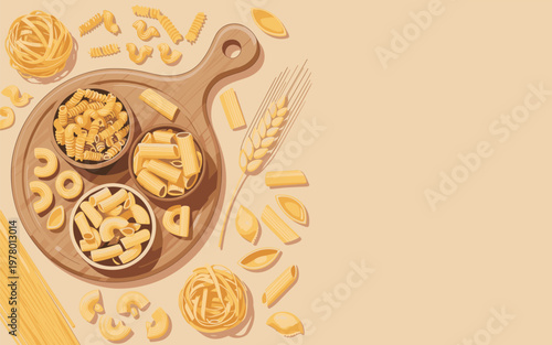 Variety of pasta shapes on wooden cutting board with ingredients scattered around