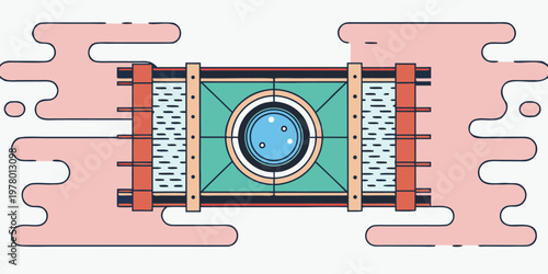 Industrial pipe section illustration featuring a central round glass observation window with blue liquid inside a stylized mechanical frame design