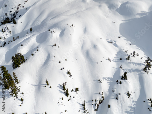Obraz na płótnie Aerial Snow-Covered Mountain Slopes in Winter Light, British Columbia, Canada —