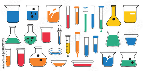 A comprehensive vibrant set of scientific laboratory glassware and equipment for chemistry experiments, featuring various colorful liquid-filled vessels.