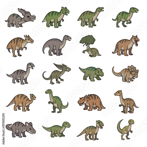 Collection of various hand drawn cute dinosaur characters.