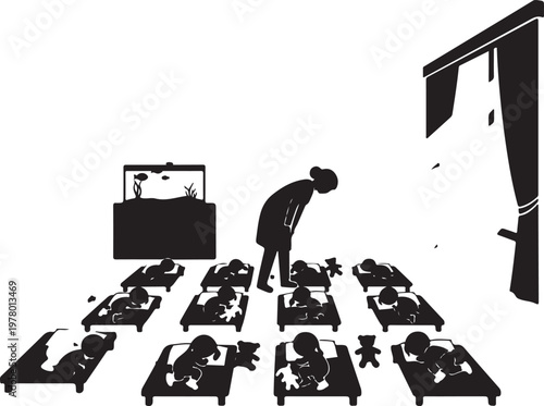 Silhouette of a man standing among multiple people on beds, Generative Ai