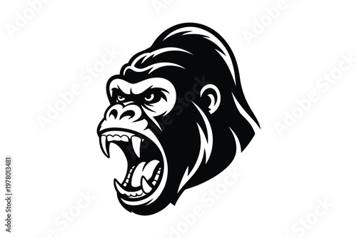 A black and white illustration of an angry gorilla head with an open mouth