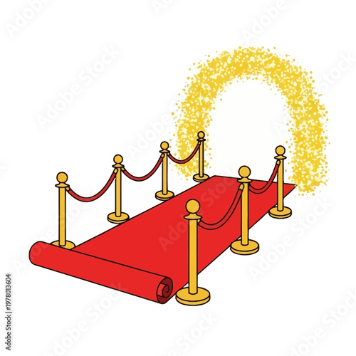 Red Carpet Entrance with Golden Sparkle Arch and Stanchions