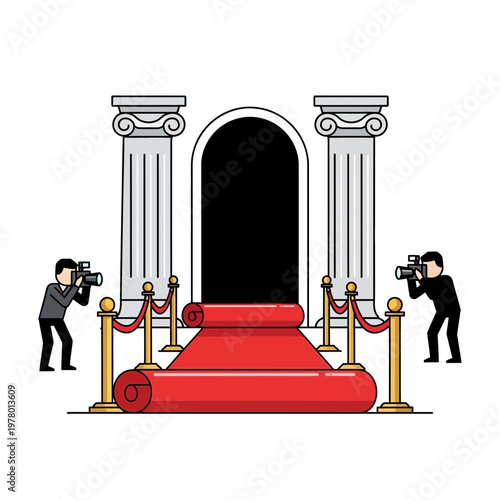 Red Carpet Entrance with Pillars and Paparazzi Photographers