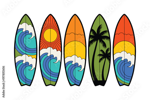A colorful illustration of five surfboards with vibrant ocean and sunset designs