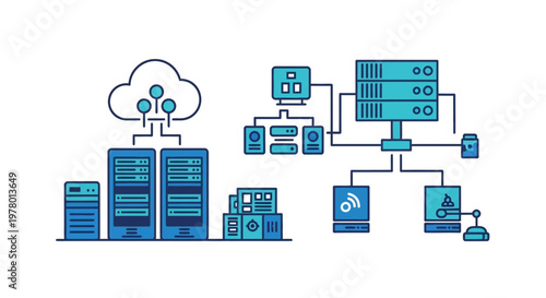 Illustration of cloud computing infrastructure, data centers, servers, and network connections.