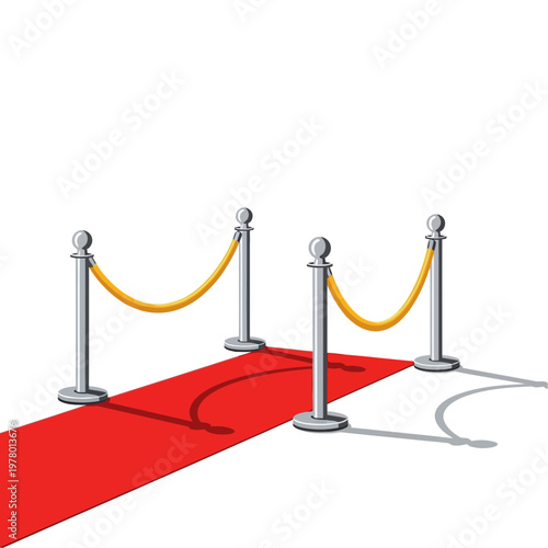 Red Carpet Event Barrier Stanchions with Rope on White Background