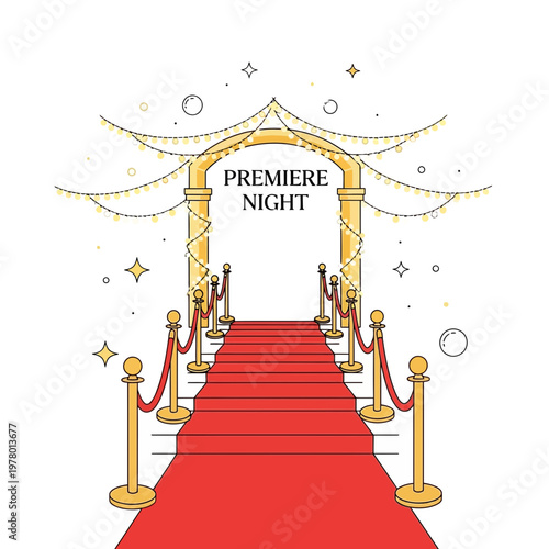 Red Carpet Event Archway with Premiere Night Text and Garland Lights