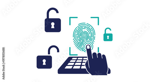 Digital security concept with a hand scanning a fingerprint for biometric authentication and unlocked padlocks.