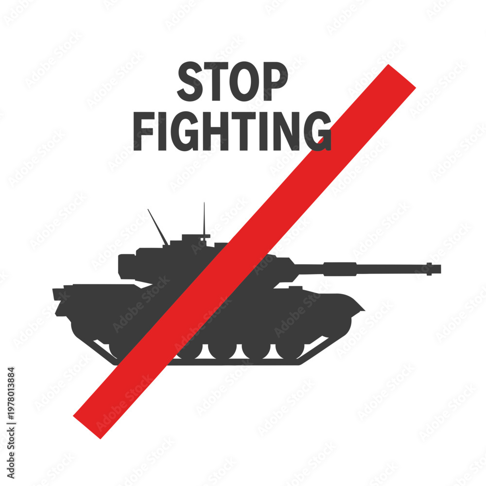 Obraz premium Stop Fighting Sign with Tank Silhouette and Red Prohibition Line