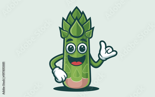 A happy cartoon asparagus character gesturing with its hand in a friendly manner.