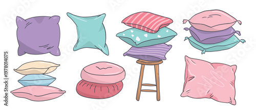 pillow set Pajama day slumber party sleeping doodle hand drawn pillows in pastel colors for cozy home decoration design projects.