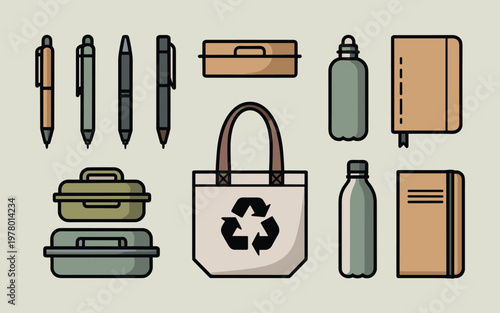 Eco-friendly reusable bags and lunch boxes with office supplies on a table