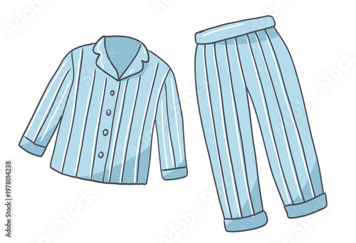 blue pajama set with striped pants hand drawn cartoon illustration for sleepwear, cozy home fashion and bedtime themes. Pajama party for boy