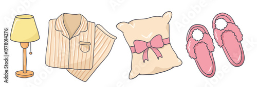 Pajama day card set with striped pajamas, bow pillow, fluffy slippers and lamp doodle hand drawn cartoon illustration for slumber party and sleeping themes.