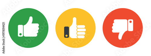 Thumb icons like dislike neutral symbols in green yellow red colors, feedback rating thumbs up down sideways indicators, customer satisfaction evaluation concept, clean vector illustration