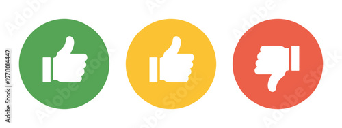 Thumb icons like dislike neutral symbols in green yellow red colors, feedback rating thumbs up down sideways indicators, customer satisfaction evaluation concept, clean vector illustration
