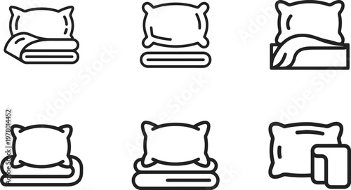 Collection of six simple line art icons representing pillows and folded bedding, showcasing various arrangements for sleep and comfort, perfect for design projects related to bedrooms, hotels