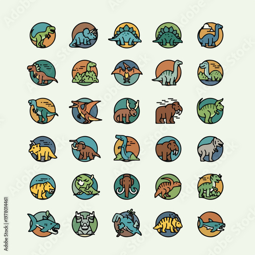 Collection of colorful dinosaur and prehistoric animal circular icons.