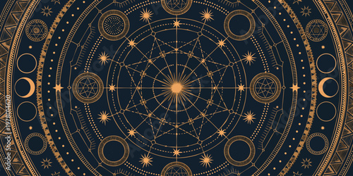 Beautifully detailed mystical illustration featuring golden astrological symbols, celestial elements, and cosmic patterns on a dark blue background, perfect for spiritual themes.