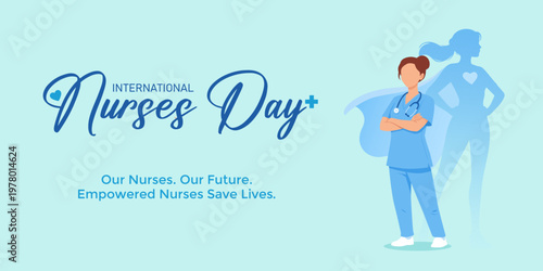International Nurses Day banner with flat vector illustration of a confident nurse and superhero shadow concept, symbolizing empowerment, dedication, and life-saving role in healthcare.
