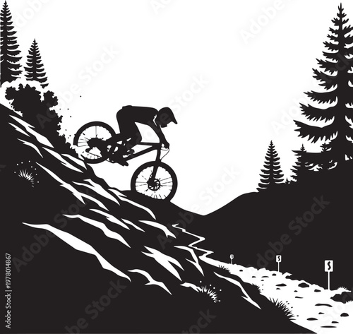 Mountain biker in silhouette on snowy forest trail downhill, Generative Ai