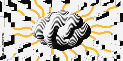 Abstract illustration of a digital brain generating innovative ideas and creative solutions within a pixelated information processing environment.