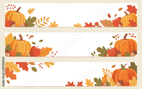Three autumn themed banners with pumpkins and leaves are arranged vertically.