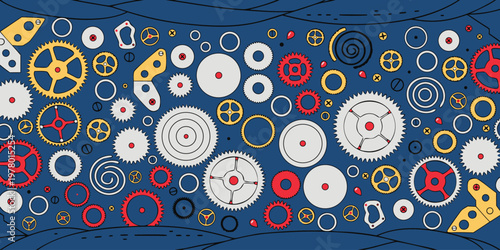 Intricate collection of colorful mechanical gears and cogs arranged in a dynamic pattern, representing precision engineering and complex systems.