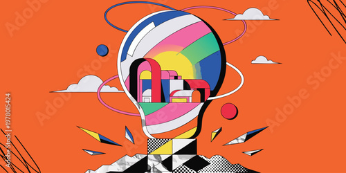 An abstract, vibrant illustration depicting a creative human mind filled with colorful geometric shapes and imaginative thoughts, symbolizing innovation and complexity.