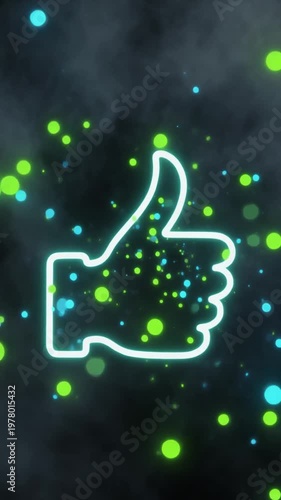 Glowing thumbs up sign with colorful dots in smoky background