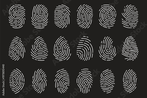 Fingerprint scanning icon set. Fingerprint identity and security symbols isolated on transparent background. Fingerprint icon signature signs for password encryption. Vector illustration