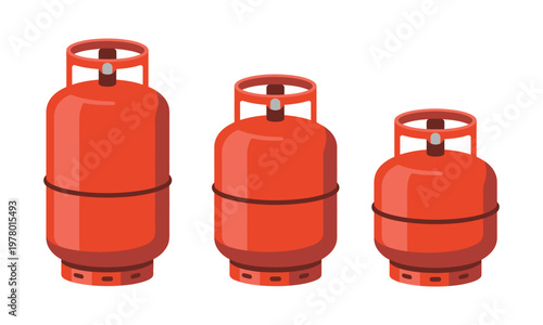 LPG gas cylinder red propane tank containers, cooking fuel storage concept, household energy supply system, industrial safety equipment design, detailed vector illustration