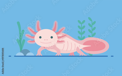 Smiling pink axolotl swims near plants and rocks underwater in aquarium.