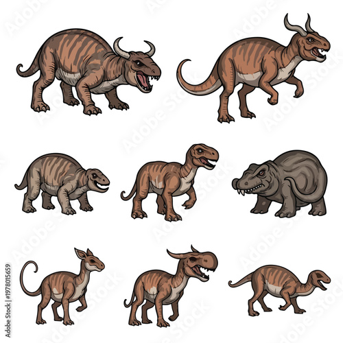 Collection of various prehistoric dinosaur creatures in a stylized cartoon illustration.