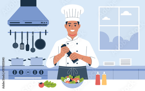 A chef prepares salad in kitchen with utensils and condiments nearby indoors