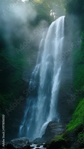Waterfall cascading down rocky slope in lush forest