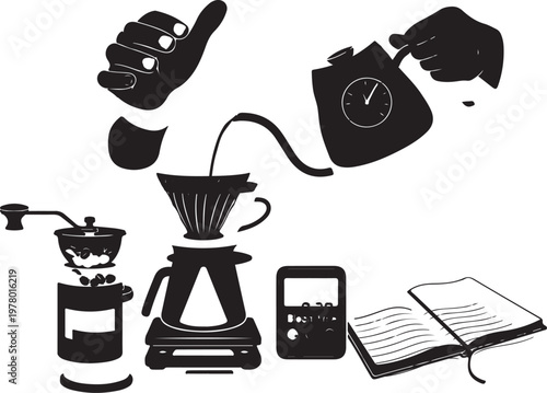 Silhouette of coffee brewing and writing in morning silhouette, Generative Ai
