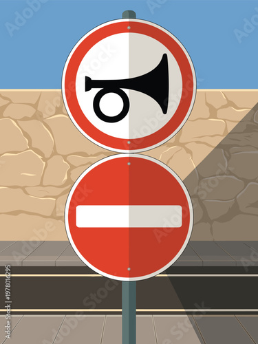 A road sign with a horn and a no entry sign on a pole by a desert road.